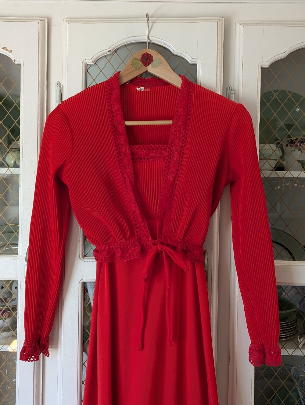 🌹🚬VTG 70s Retro Lady In Red Lace Trim Maxi Dress with Matching Cover-up Formal